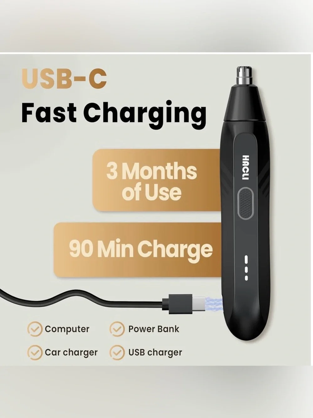 HACLI Rechargeable Nose & Ear Hair Trimmer – USB-C Waterproof – NEW